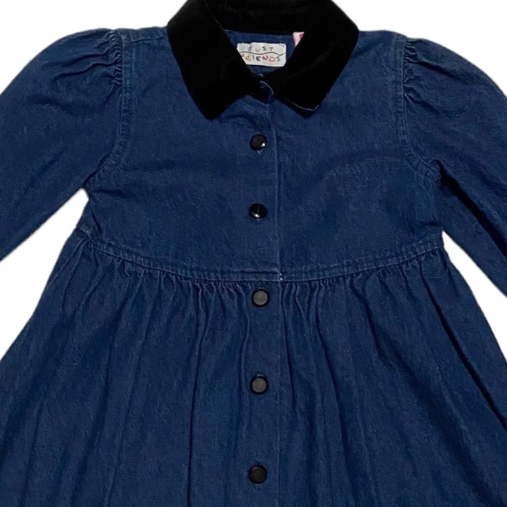 Vintage Just Friends Denim Dress Long Sleeve Velvet Collar & Cuff Dress 3T